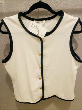 Bailey White Sleeveless Button-Front Top with Black Trim